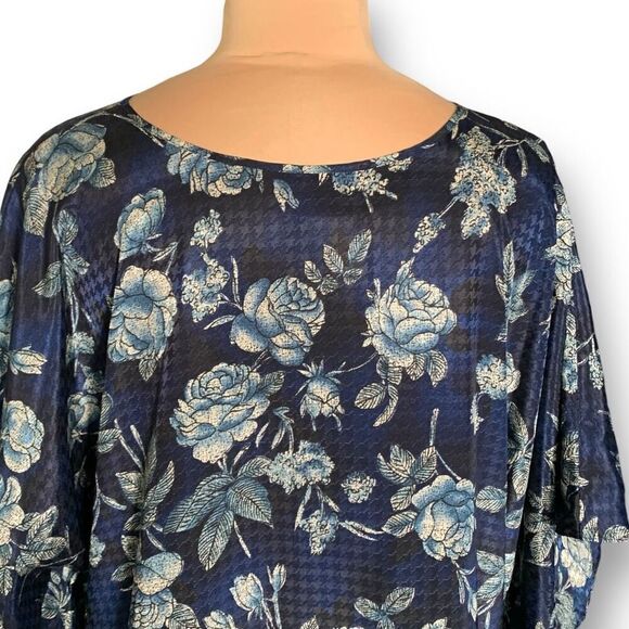 Vintage 90s Kaftan Maxi Dress Navy Blue Dark Floral Rose Houndstooth Satin OS - Picture 3 of 9